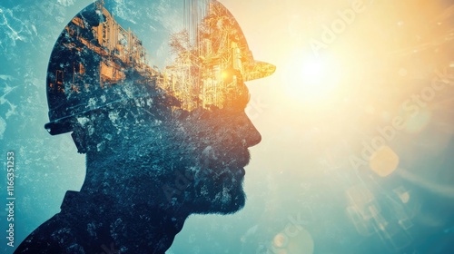 Mine coal industry, miner engineering project devotion with double exposure design. Blue color background with sunlight, mining industrial