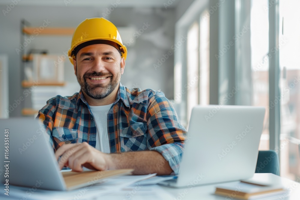 A smiling construction worker in a hard hat sits at a desk with laptops and documents, blending traditional and modern work environments. A smiling construction worker in a hard hat sits at a desk with laptops and documents, blending traditional and modern work environments.