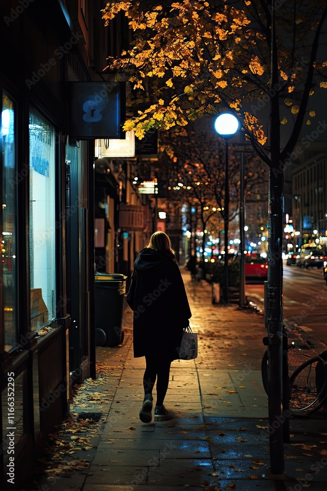 Woman Walking Alone at Night on a City Street with Autumn Leaves