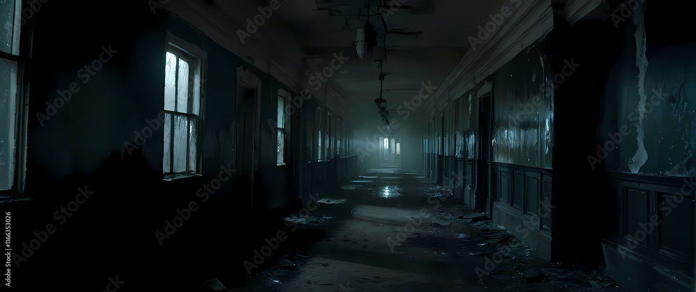 A terrifying view of an abandoned asylum with peeling paint and dark hallways filled with a sense of foreboding. Extremely detailed high resolution illustration. A terrifying view of an abandoned asylum with peeling paint and dark hallways filled with a sense of foreboding. Extremely detailed high resolution illustration.