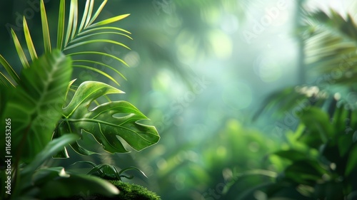Lush green foliage with soft sunlight filtering through, creating a serene and tranquil jungle atmosphere.