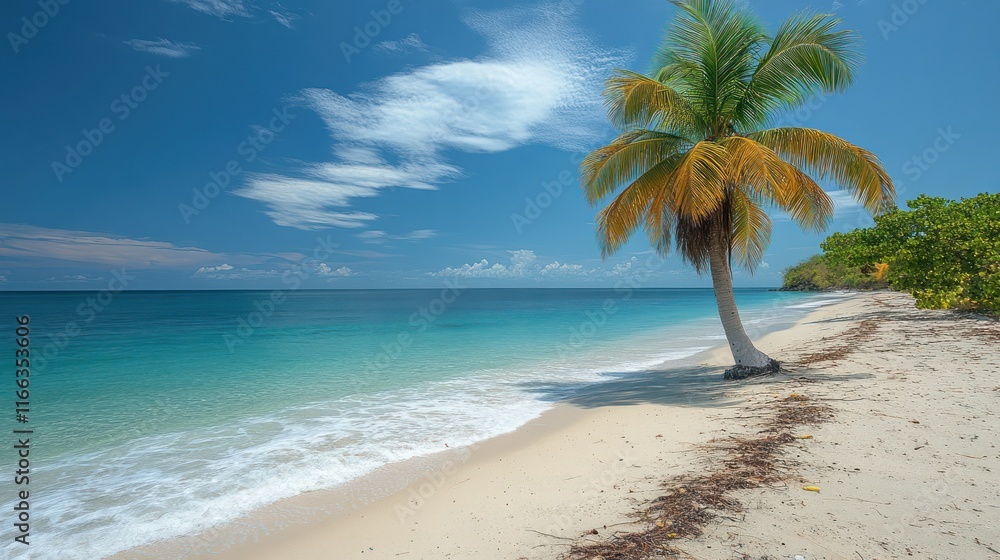 Obraz premium Serene beach scene with palm tree and calm waters.