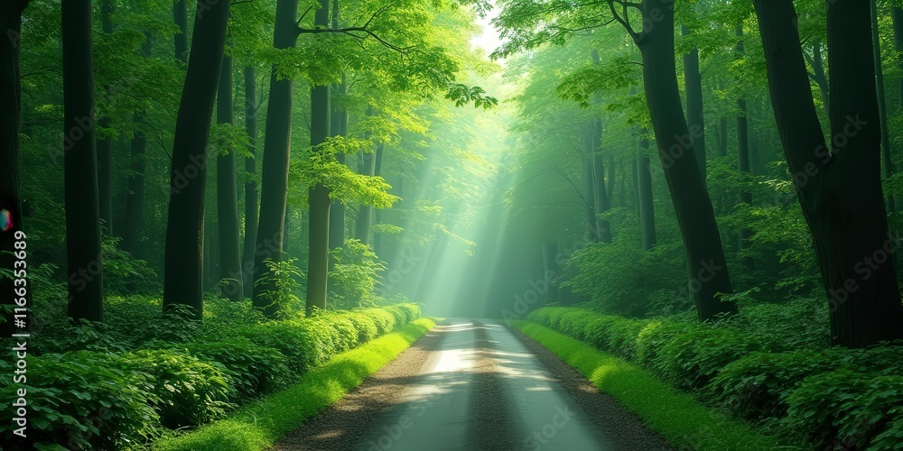Fototapeta premium Forest Path: A sunlit path winds through a verdant forest, sunlight streaming through the canopy, creating a sense of peace and tranquility. The path invites exploration and adventure.
