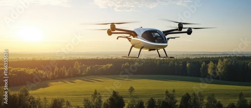 Obraz na płótnie Electric Air taxi drone, eVTOL flying high over a rural region at sunset. Rural Air Mobility, concept of future transportation in the country w salonie
