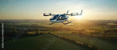Electric Air taxi drone, eVTOL flying high over a rural region at sunset. Rural Air Mobility, concept of future transportation in the country