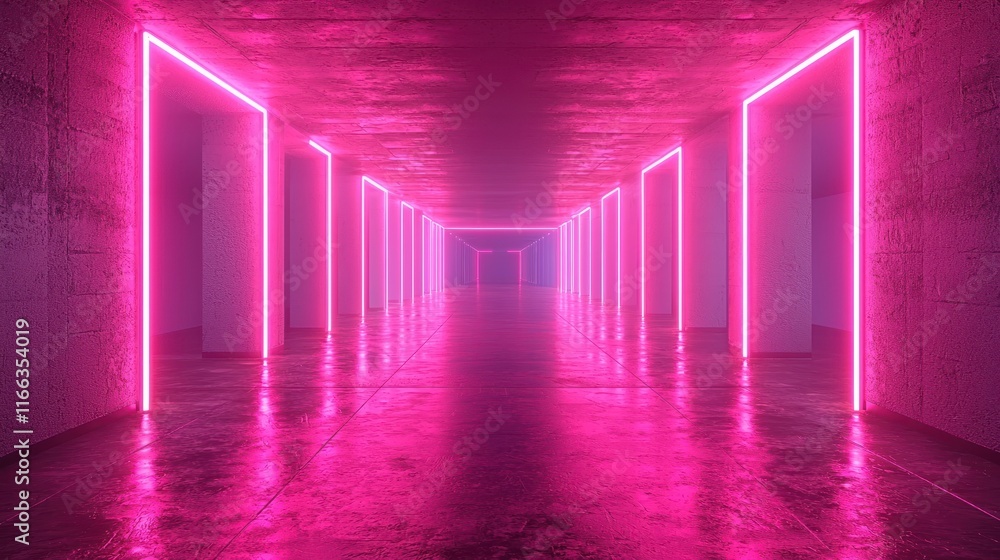 Neon-lit corridor with glowing pink lines. Neon-lit corridor with glowing pink lines.