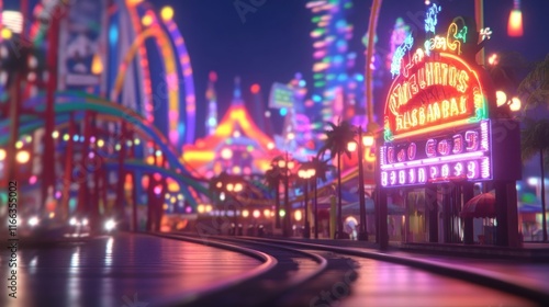 Wallpaper Mural Night view of vibrant amusement park with illuminated rides, palm trees, and neon signs along a boardwalk. Torontodigital.ca