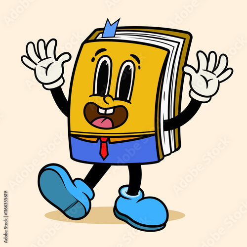 Happy Mascot yellow Book cartoon startled pose character in vintage retro style on background
