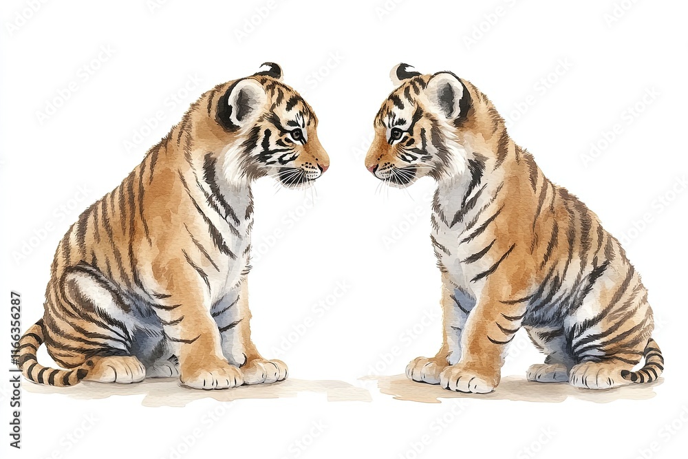 Obraz premium Two adorable tiger cubs facing each other in a playful stance.
