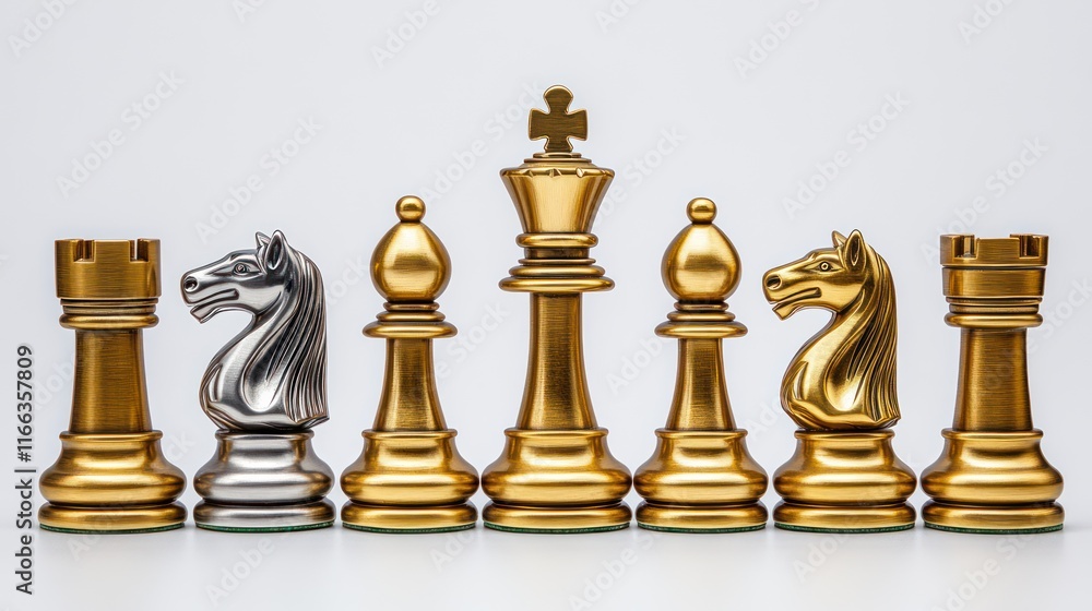 Strategic Chess Pieces: Gold and Silver Knights, King, and Pawns Strategic Chess Pieces: Gold and Silver Knights, King, and Pawns