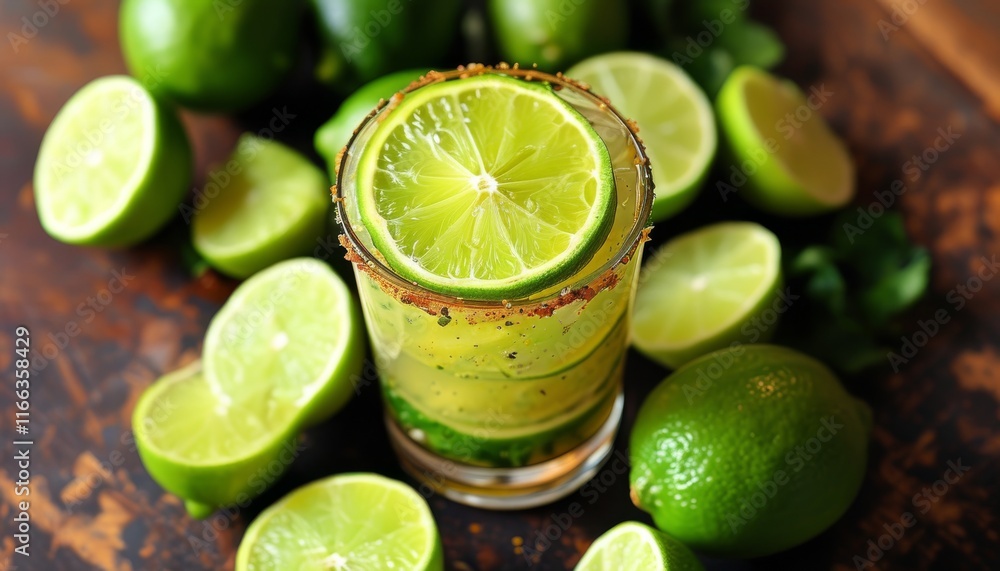 Refreshing Caipirinha Cocktail in Glass Surrounded by Fresh Limes on Rustic Wooden Table Refreshing Caipirinha Cocktail in Glass Surrounded by Fresh Limes on Rustic Wooden Table
