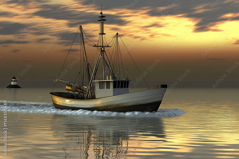 Fototapeta premium A fishing boat navigating calm waters at sunset, with a lighthouse in the background.