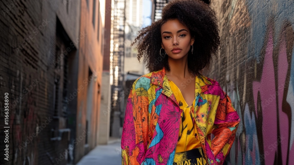 Fototapeta premium A confident model showcases a bold and colorful outfit in a narrow urban alleyway, exuding flair and modern style