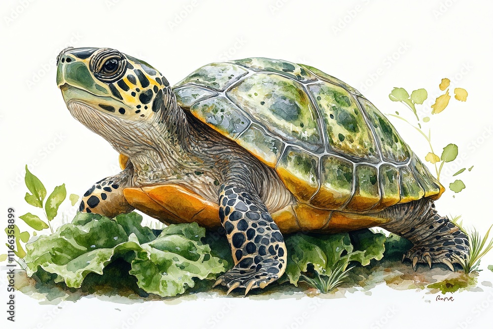Fototapeta premium A detailed watercolor illustration of a turtle on leafy greens.