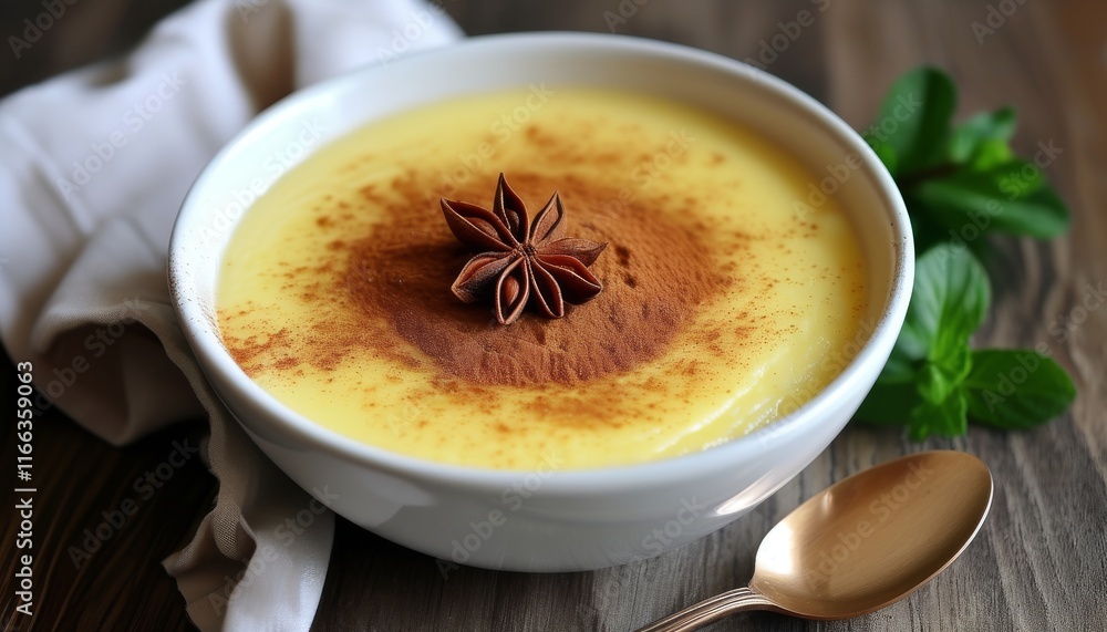 Creamy Corn Pudding with Cinnamon and Star Anise in a White Bowl on Rustic Wooden Table Creamy Corn Pudding with Cinnamon and Star Anise in a White Bowl on Rustic Wooden Table