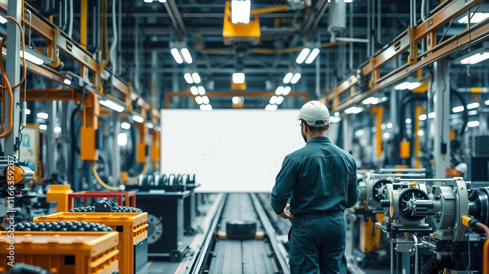 Fototapeta premium A worker wearing a blue uniform operating a robotic arm in a factory setting, hi-tech, manufacturing