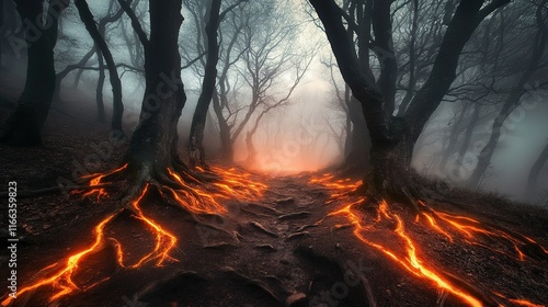 Enchanted Oak Grove, ancient trees with luminescent roots, shrouded in mystical fog, creating a serene and otherworldly atmosphere photo