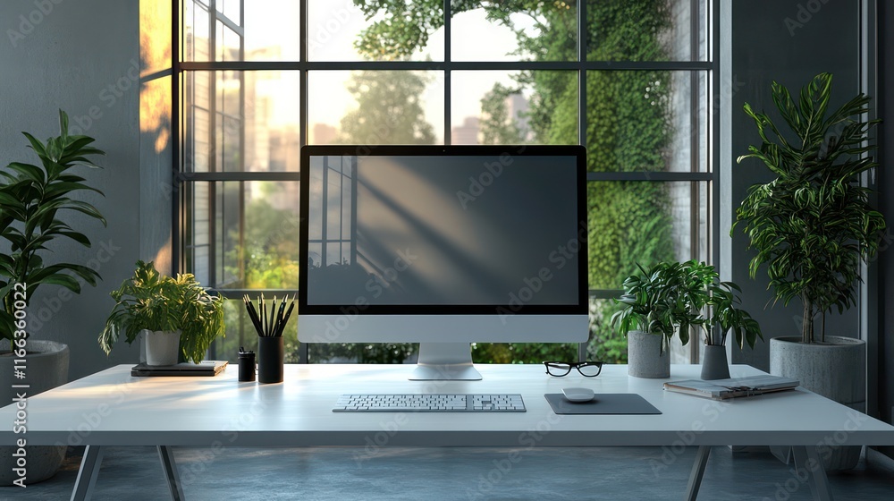 Serene Home Office Workspace with Sunlight Streaming Through Large Window Serene Home Office Workspace with Sunlight Streaming Through Large Window