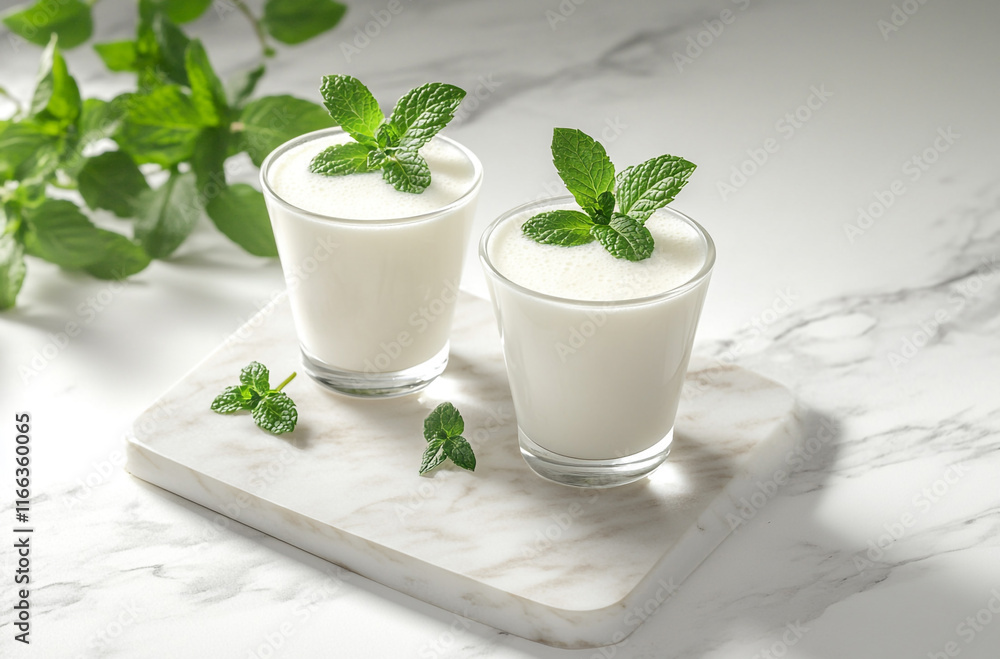Glasses of Milk on a White Marble Surface Glasses of Milk on a White Marble Surface