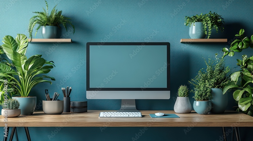 Serene Home Office Workspace with Teal Walls and Lush Greenery Serene Home Office Workspace with Teal Walls and Lush Greenery