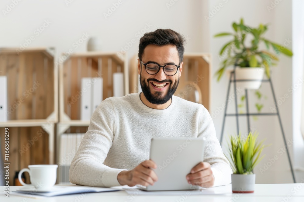 A smiling man in a cozy sweater sits at a desk, using a tablet, surrounded by indoor plants and a cup of coffee. A smiling man in a cozy sweater sits at a desk, using a tablet, surrounded by indoor plants and a cup of coffee.