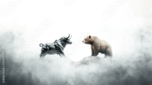 Market turmoil, bull statue toppled by a bear, symbolizing a dramatic financial reversal, capturing the essence of volatility and uncertainty photo