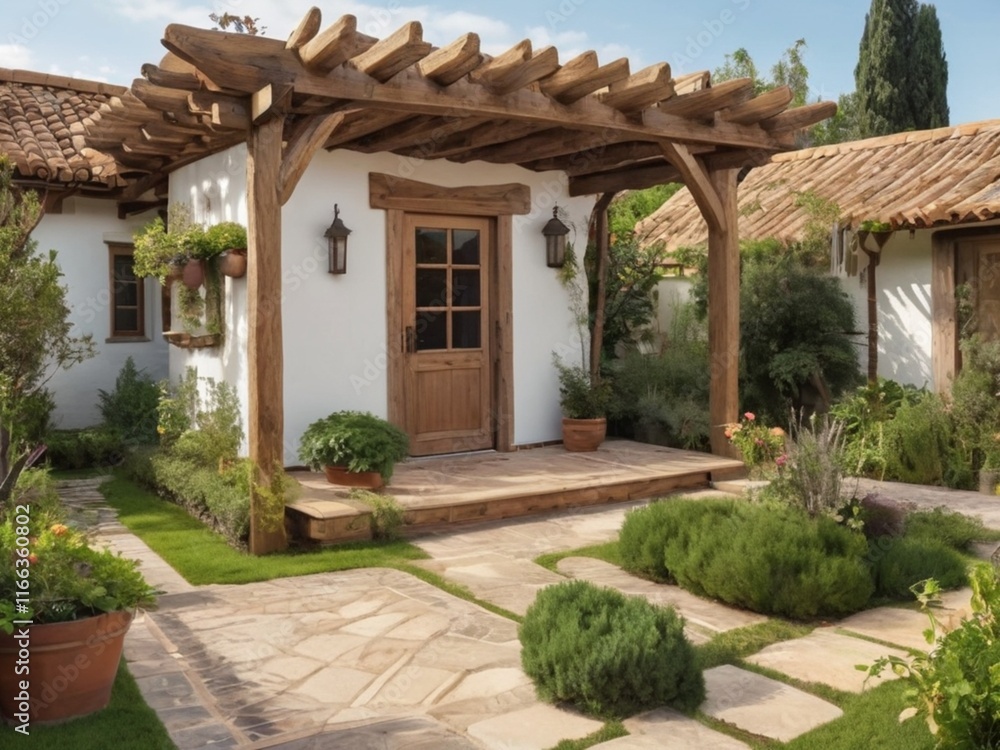 A rustic house with a tiled roof, wooden pergola, and a small garden pathway A rustic house with a tiled roof, wooden pergola, and a small garden pathway