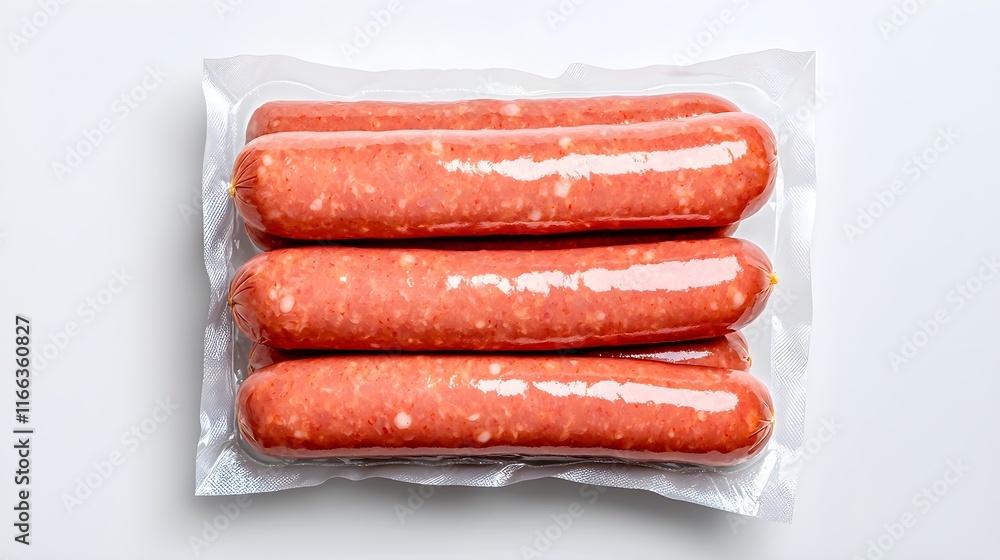 Vacuum-Sealed Pack of Fresh Sausages in Transparent Packaging on a Minimalist White Background, Highlighting Food Preservation, Freshness, and Convenience for Cooking or Grilling Vacuum-Sealed Pack of Fresh Sausages in Transparent Packaging on a Minimalist White Background, Highlighting Food Preservation, Freshness, and Convenience for Cooking or Grilling