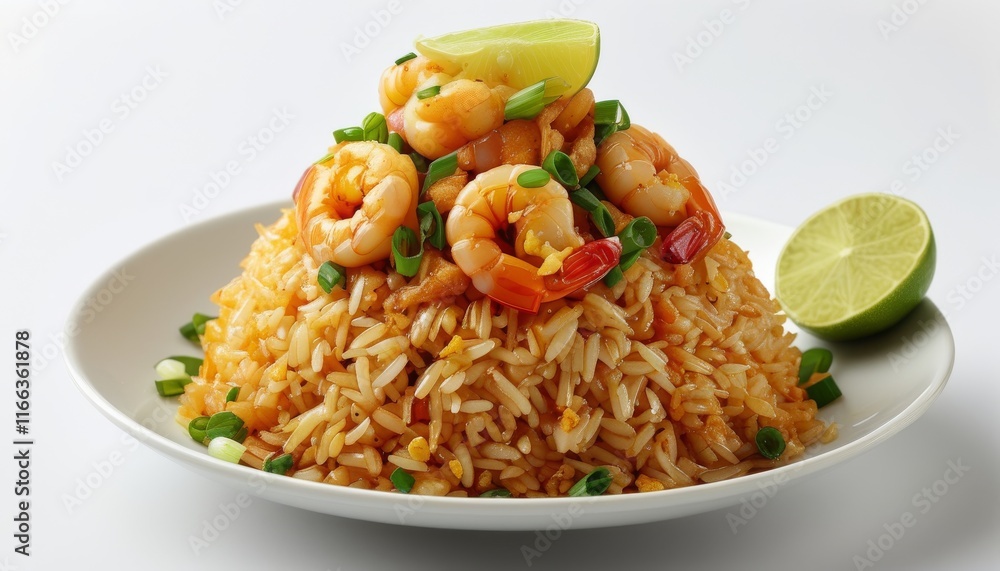 Shrimp Fried Rice with Lime Garnish on White Plate and Fresh Green Onions Shrimp Fried Rice with Lime Garnish on White Plate and Fresh Green Onions