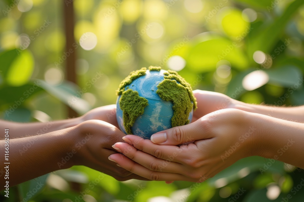 Hands Holding Eco-Friendly Earth Model Surrounded by Greenery Hands Holding Eco-Friendly Earth Model Surrounded by Greenery
