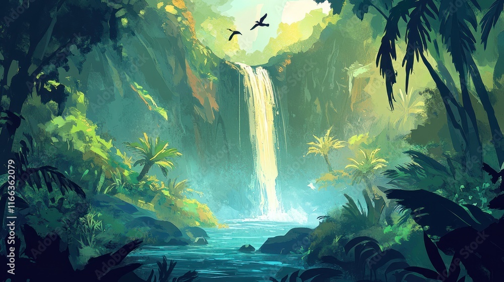 Fototapeta premium A serene jungle scene featuring a waterfall surrounded by lush greenery and birds.