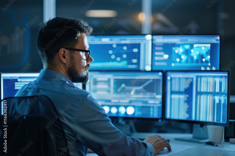 A focused professional analyzes data on multiple screens in a dimly lit office, showcasing a modern tech environment. A focused professional analyzes data on multiple screens in a dimly lit office, showcasing a modern tech environment.