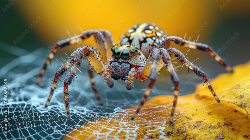 Close-up of a spider on a web with autumn leaves. Close-up of a spider on a web with autumn leaves.