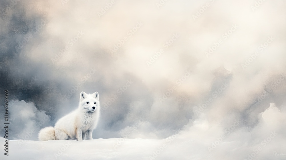 Arctic fox in frozen tundra, vibrant snow-covered landscape, showcasing wildlife in harsh winter environment Arctic fox in frozen tundra, vibrant snow-covered landscape, showcasing wildlife in harsh winter environment