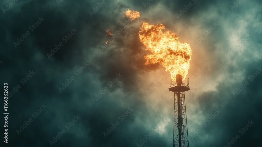 Fototapeta premium Gas flaring tower illuminated by striking light, showcasing intricate textures and industrial energy in a vast landscape
