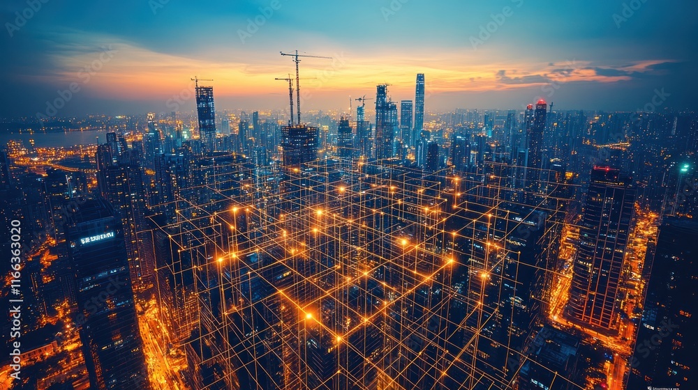 Fototapeta premium City skyline with construction at sunset.