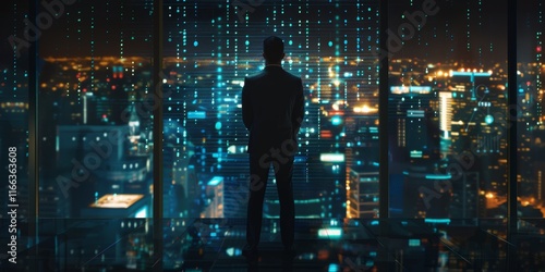 Man in suit overlooking night cityscape with digital overlay. photo