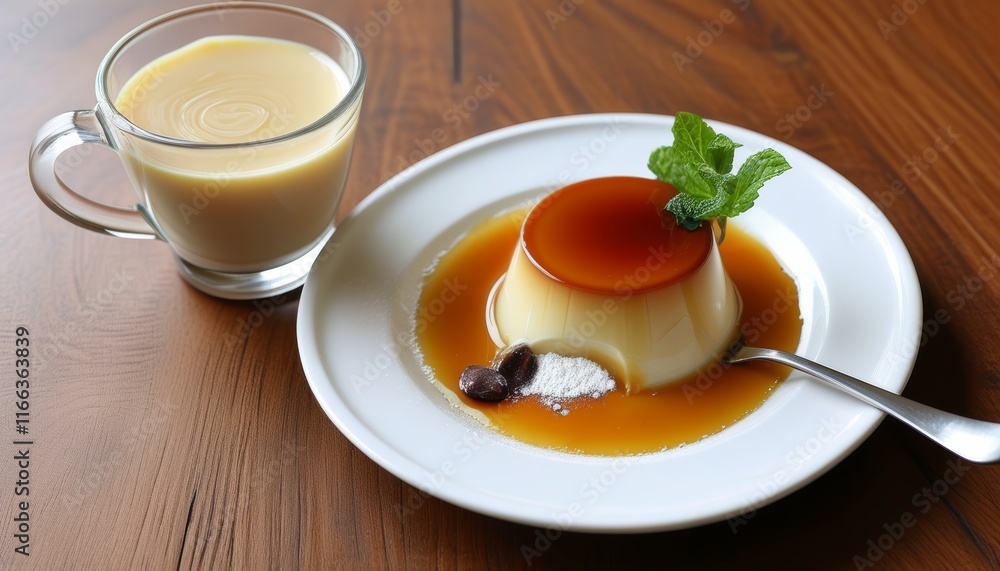 Smooth Caramel Flan Dessert with Fresh Mint and Creamy Custard Beverage on Wooden Table Smooth Caramel Flan Dessert with Fresh Mint and Creamy Custard Beverage on Wooden Table