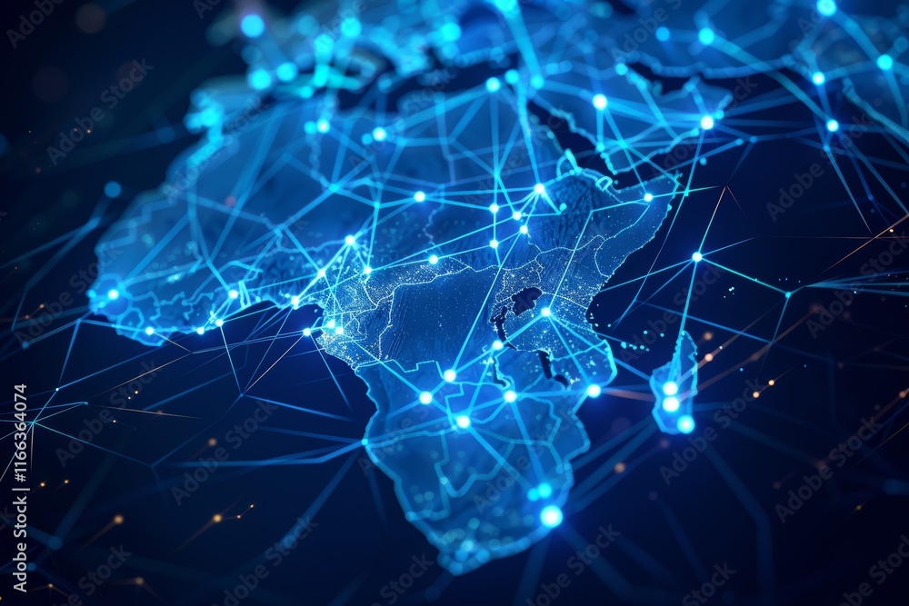 Global network connections visualized on a digital world map, highlighting Africa. Global network connections visualized on a digital world map, highlighting Africa.