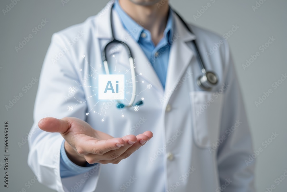 Doctor in Lab Coat Holding Artificial Intelligence Concept Symbol Doctor in Lab Coat Holding Artificial Intelligence Concept Symbol