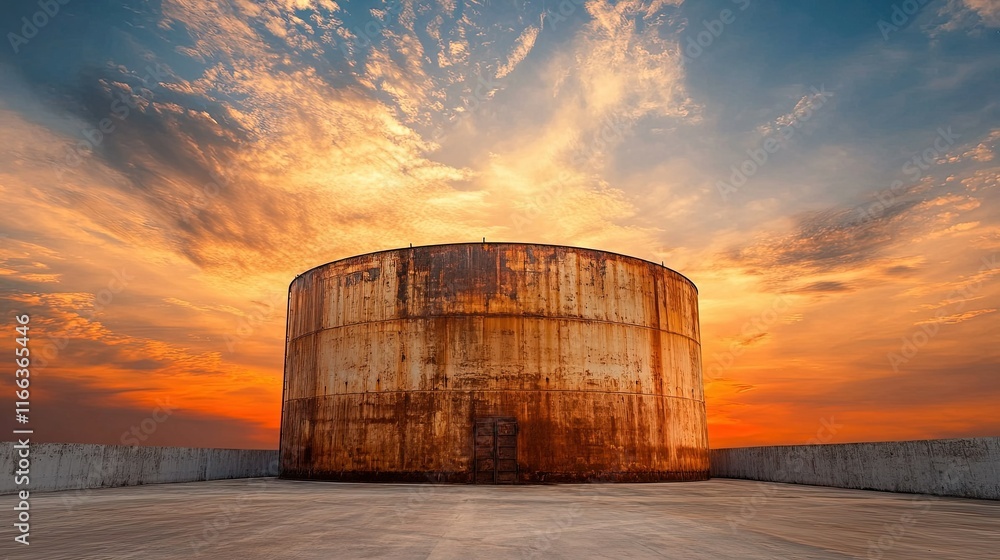Industrial oil storage facility, massive cylindrical tanks against a clear sky, showcasing scale and functionality of energy infrastructure Industrial oil storage facility, massive cylindrical tanks against a clear sky, showcasing scale and functionality of energy infrastructure