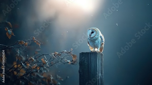 Serene Night in the Countryside with a Barn Owl and Moonlit Fence, tranquil rural scene, nature's quiet beauty photo