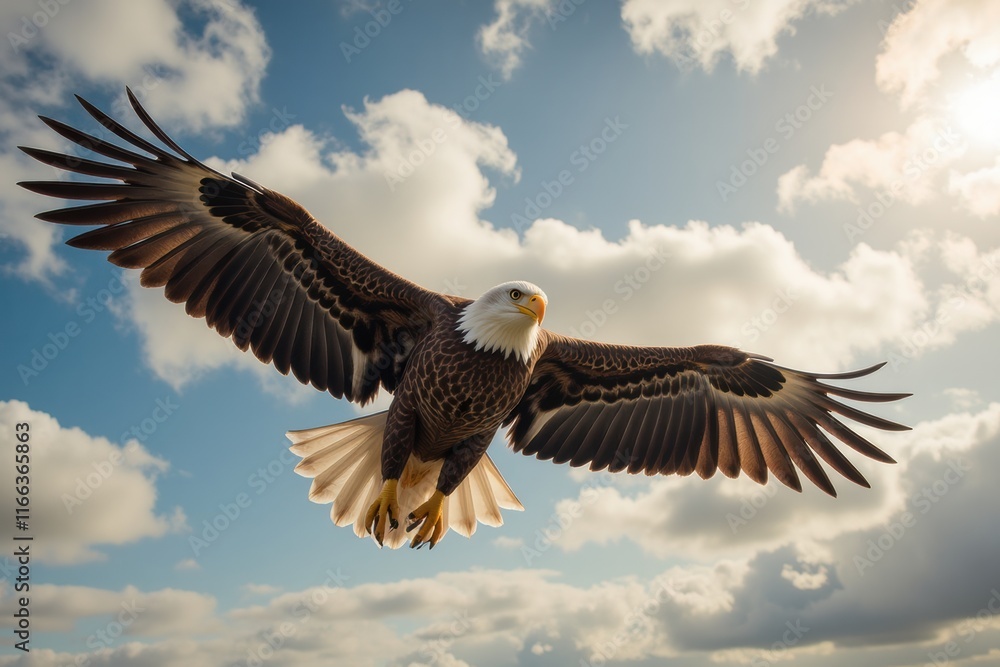 Majestic Bald Eagle Soaring Through a Blue Sky with Clouds Majestic Bald Eagle Soaring Through a Blue Sky with Clouds