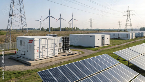 Renewable energy infrastructure featuring solar panels, wind turbines, and energy storage units. This project showcases sustainable technology for grid resilience and efficiency