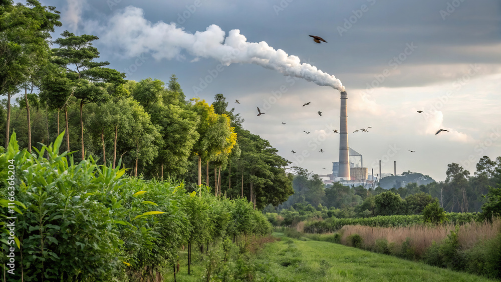vibrant ecosystem thriving next to factory, showcasing contrast between nature and industrial activity. Lush greenery and wildlife coexist with smoke and emissions vibrant ecosystem thriving next to factory, showcasing contrast between nature and industrial activity. Lush greenery and wildlife coexist with smoke and emissions
