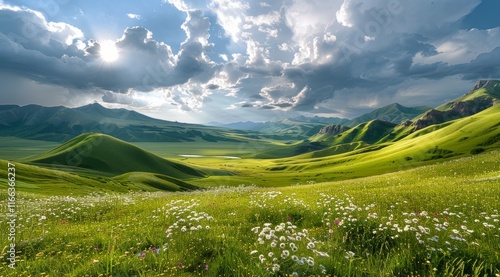 Sunlit meadow in mountainous landscape. photo