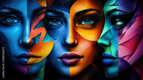 This vibrant artwork features four female faces, each intricately painted with distinct colors and patterns, representing diverse emotions and perspectives. photo