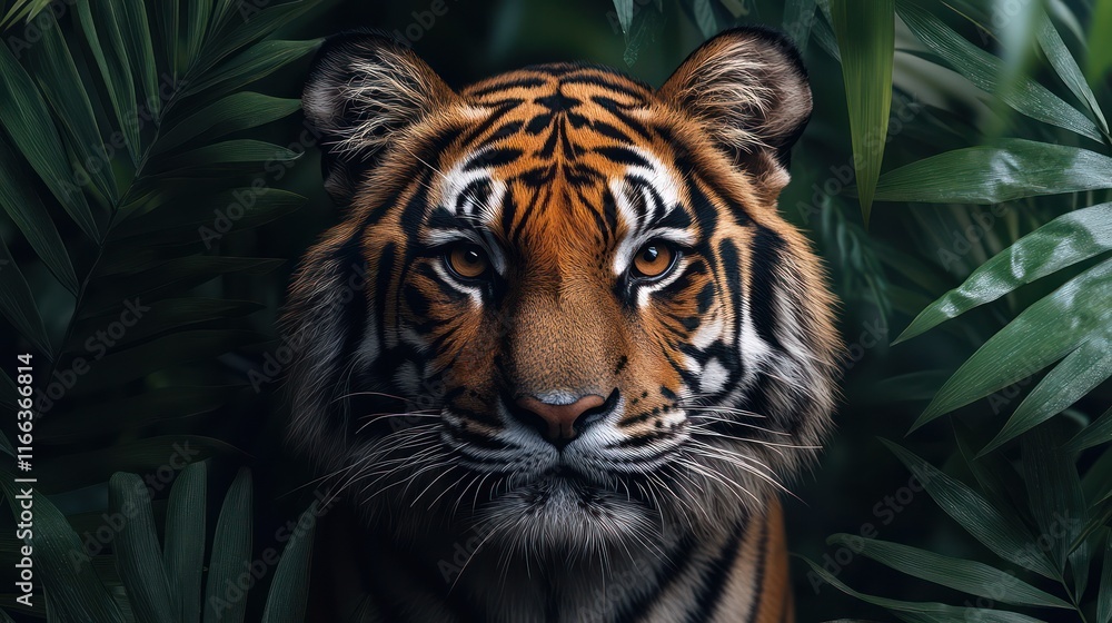 Fototapeta premium Majestic Tiger in Lush Tropical Foliage: A Captivating Portrait