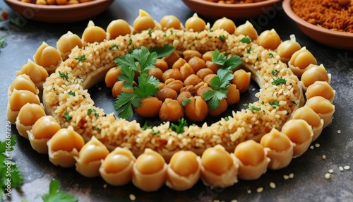 Mounded Firik Pilav with Chickpeas and Garnish in a Decorative Serving Style photo