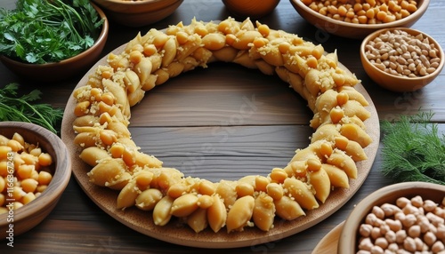 Mounded Firik Pilav Dish Surrounded by Ingredients on Wooden Table photo